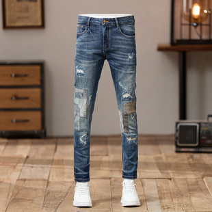高端破洞补丁牛仔裤男修身小脚长裤个性拼接弹力高级感时尚男裤子