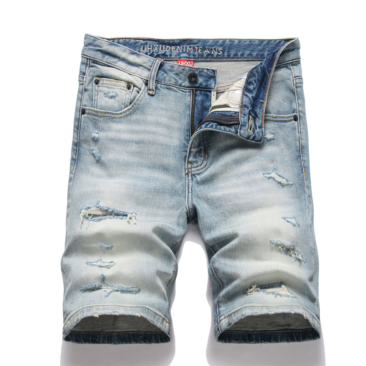 破洞补丁牛仔短裤男夏季薄款五分中裤修身直筒美式高街休闲马裤子