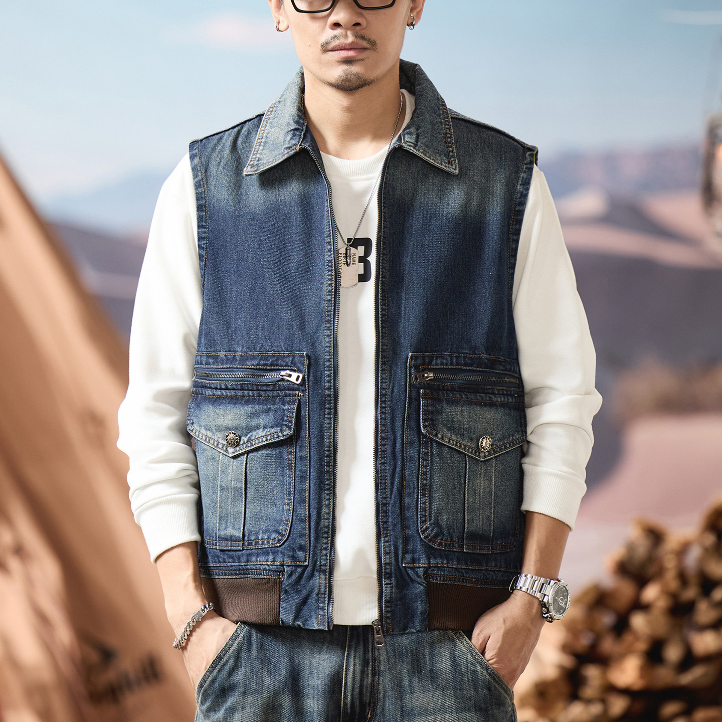 哈雷骑行机车牛仔马甲男潮流时尚复古背心无袖坎肩帅气拉链牛仔衣