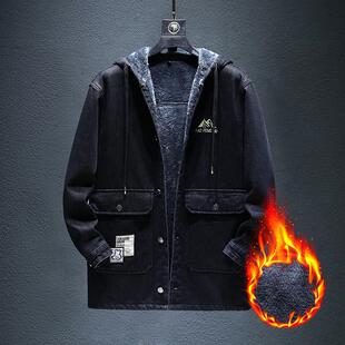 连帽加绒牛仔外套男冬季加厚保暖棉衣bf港风宽松大码潮牌工装夹克