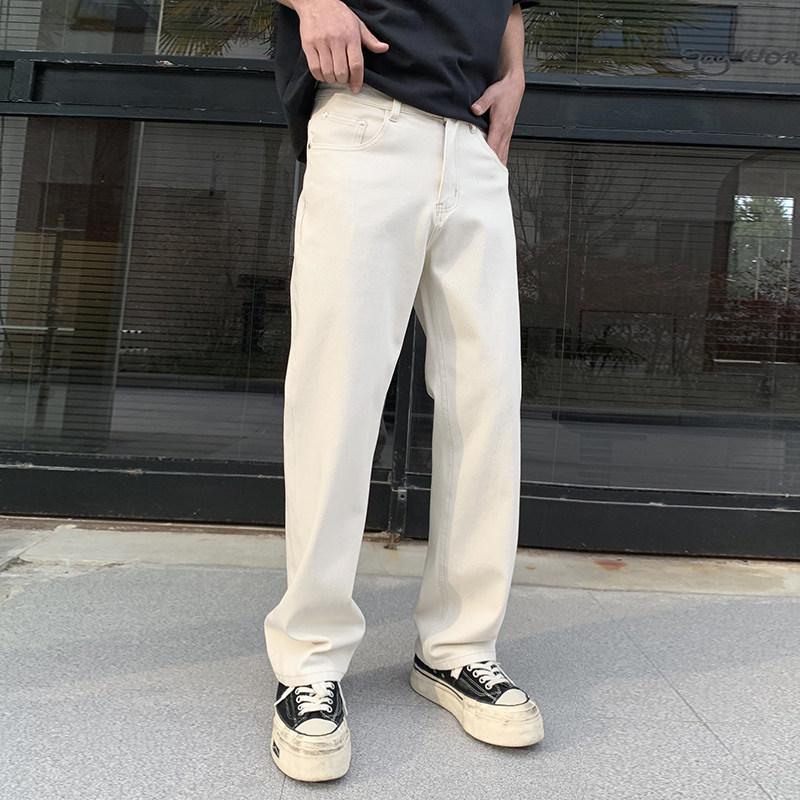 春夏季美式高街米白色牛仔裤男款宽松直筒阔腿休闲百搭长裤子潮流