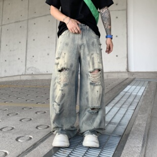 美式复古做旧街头破洞废土风牛仔裤男女款宽松直筒帅气阔腿长裤子