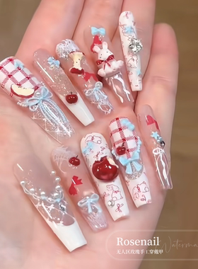 绯色絮果圣诞节新年红色穿戴甲手绘苹果美甲贴片可拆卸甲片512