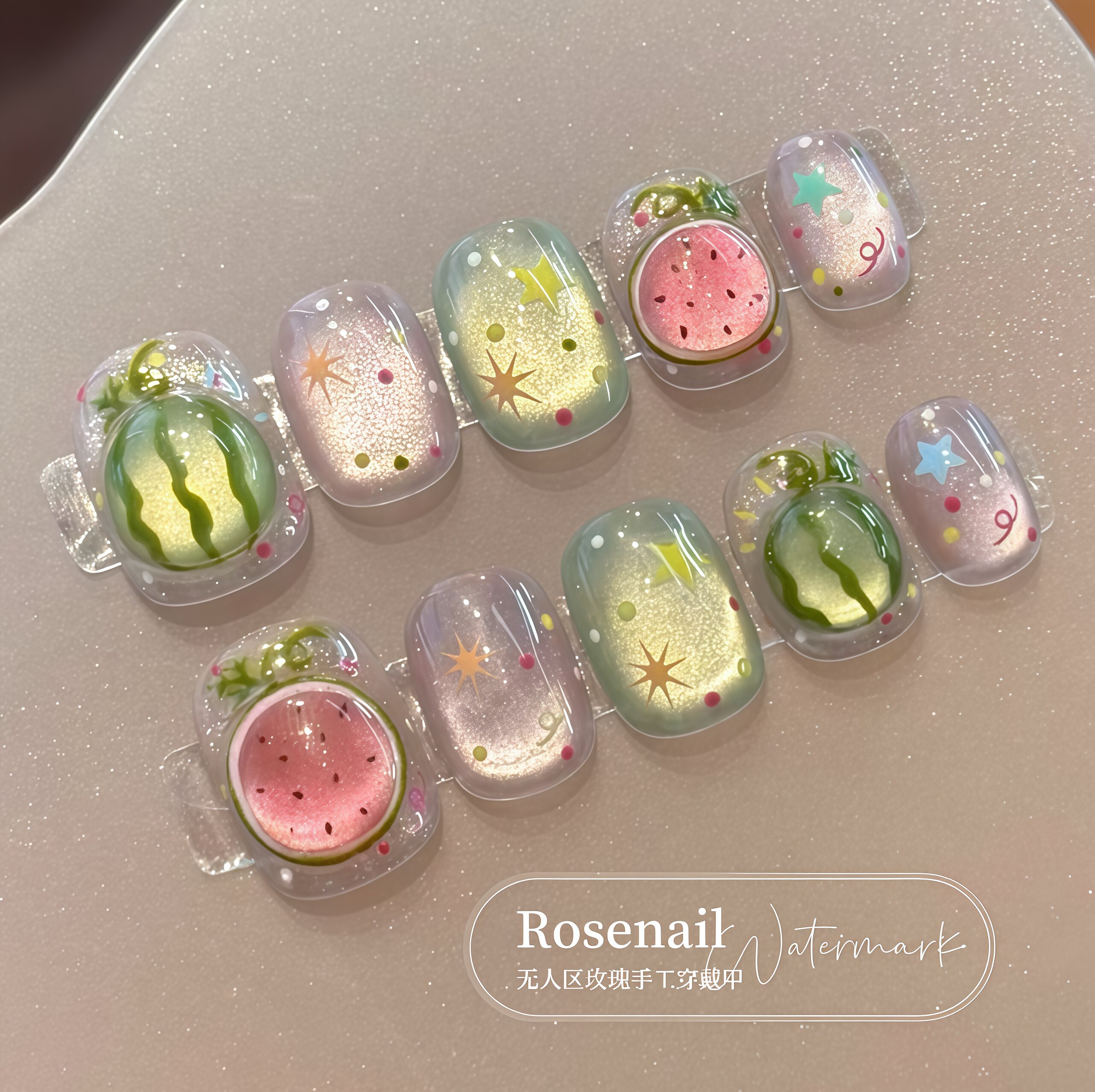 西瓜气泡水短款夏日美甲贴片手工立体可爱少女穿戴甲水果假指甲