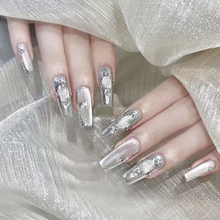 布拉契提穿戴甲银白金属穿戴美甲手工猫眼可拆卸指甲甲片美甲384