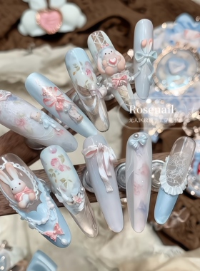 蔷薇小兔春日洛可可穿戴甲少女手绘立体美甲贴片可爱风假指甲