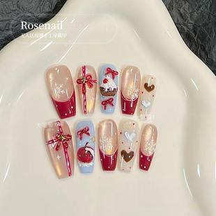 圣诞礼物圣诞美甲法式 手工假指甲穿戴甲440 显白玻璃珠冰透热推款