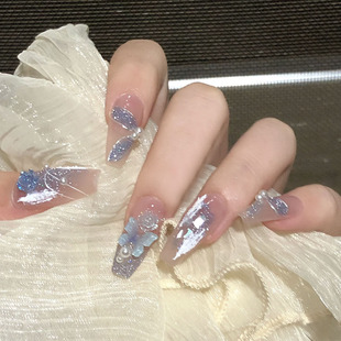 落寞玫瑰美甲冰川蓝纯手工穿戴美甲爆闪可拆卸指甲甲片穿戴甲157