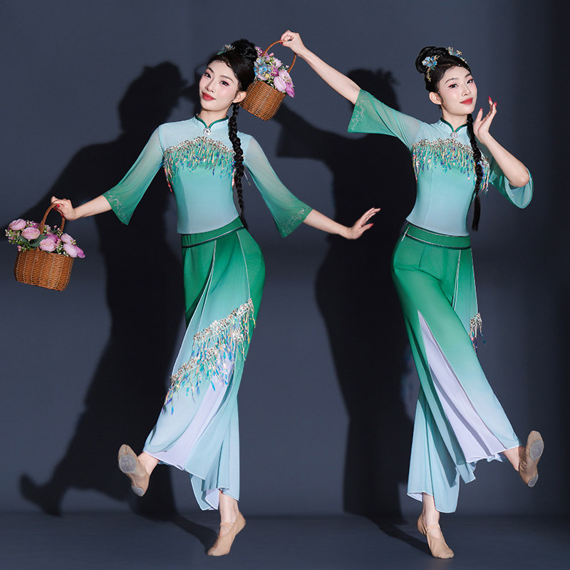 古典舞演出服女飘逸中国风梦碟飞舞汉服扇子舞中老年广场舞表演服