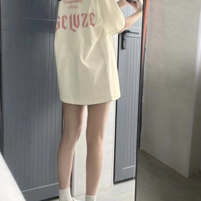 杏色纯棉重磅短袖t恤女夏季潮牌美式复古小个子oversize半袖上衣