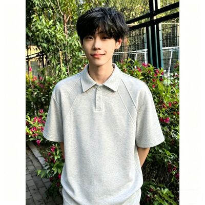 白花灰美式翻领短袖Polo衫男女夏季boxy版型t恤高级感内搭半截袖