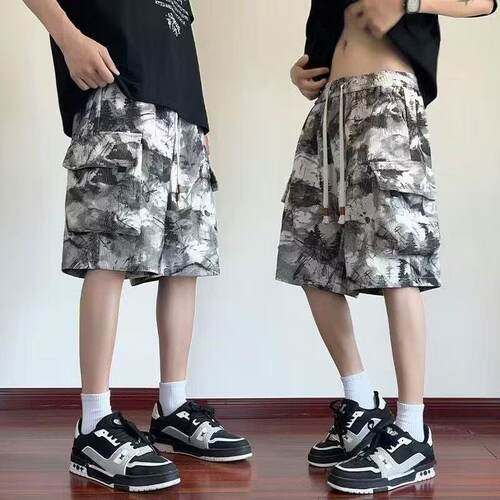 美式高街迷彩工装短裤男款夏季青少年裤子休闲扎染大口袋五分马裤