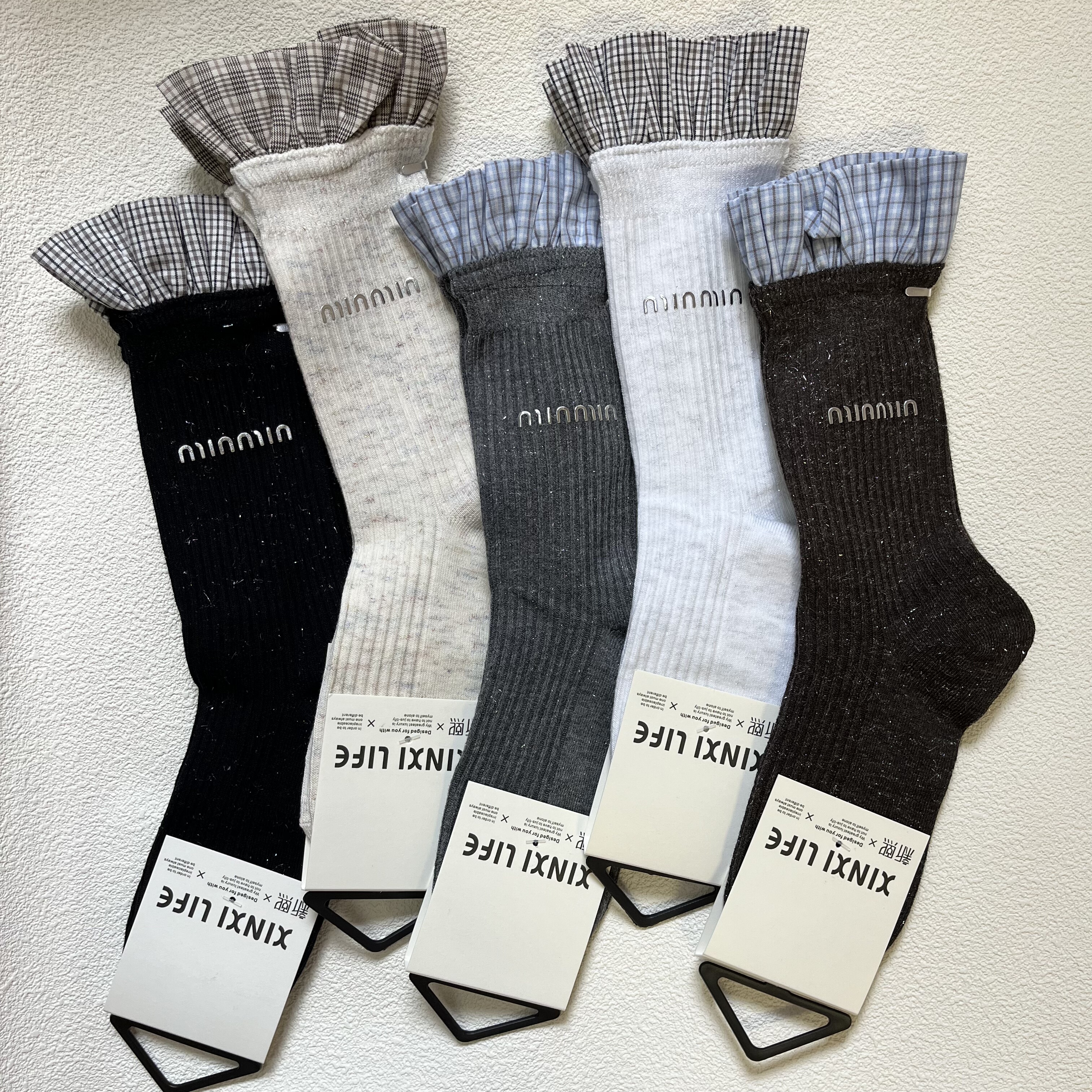 【2双包邮】欧货烫印字母拼接格子花边中筒袜女秋季新款亮丝潮袜