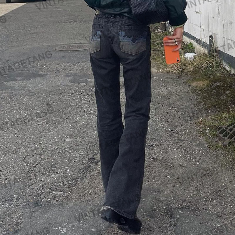 VintageTang美式复古黑灰色高腰微喇牛仔裤春秋女ins潮长裤壕拾