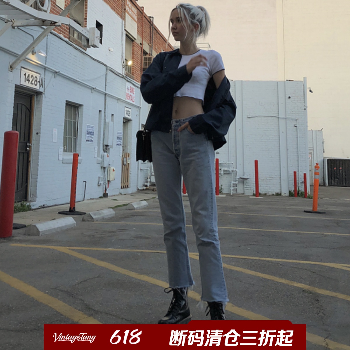VintageTang欧美bm美式复古直筒宽松高腰牛仔裤女九分裤發呐玖B玖