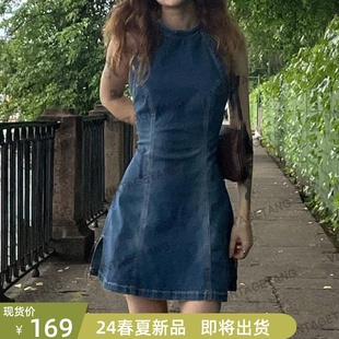 显瘦无袖 VintageTang欧美辣妹修身 挂脖牛仔连衣裙夏露背短裙禧贰