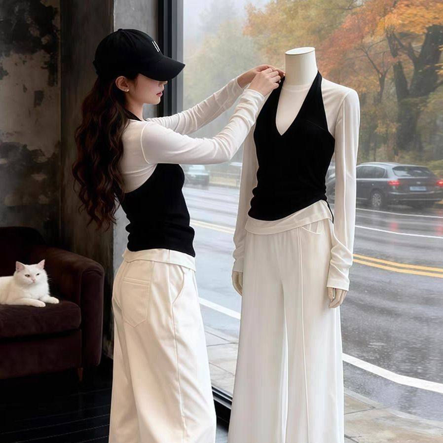 韩系穿搭超好看独特绝美上衣高级小众不撞款黑色挂脖长袖T恤女秋