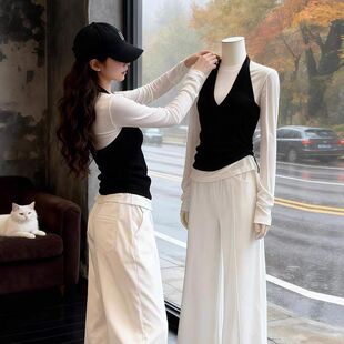 韩系穿搭超好看独特绝美上衣高级小众不撞款黑色挂脖长袖T恤女秋