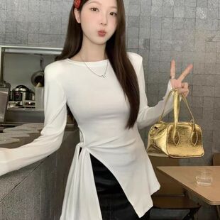 大码胖mm不规则侧开叉绑带正肩长袖T恤女新款小众修身显瘦上衣潮