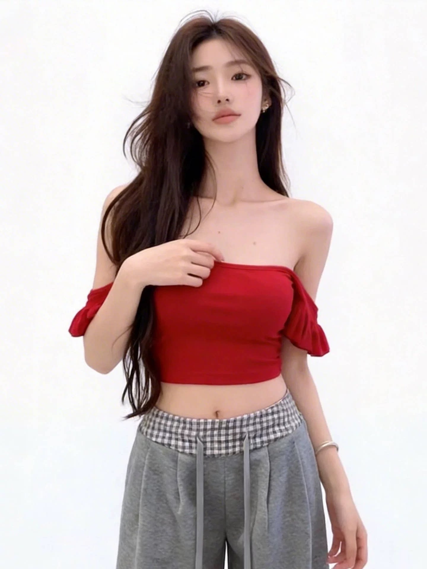 2026新款纯欲辣妹红色飞飞袖T恤女早春复古性感修身露脐露肩上衣