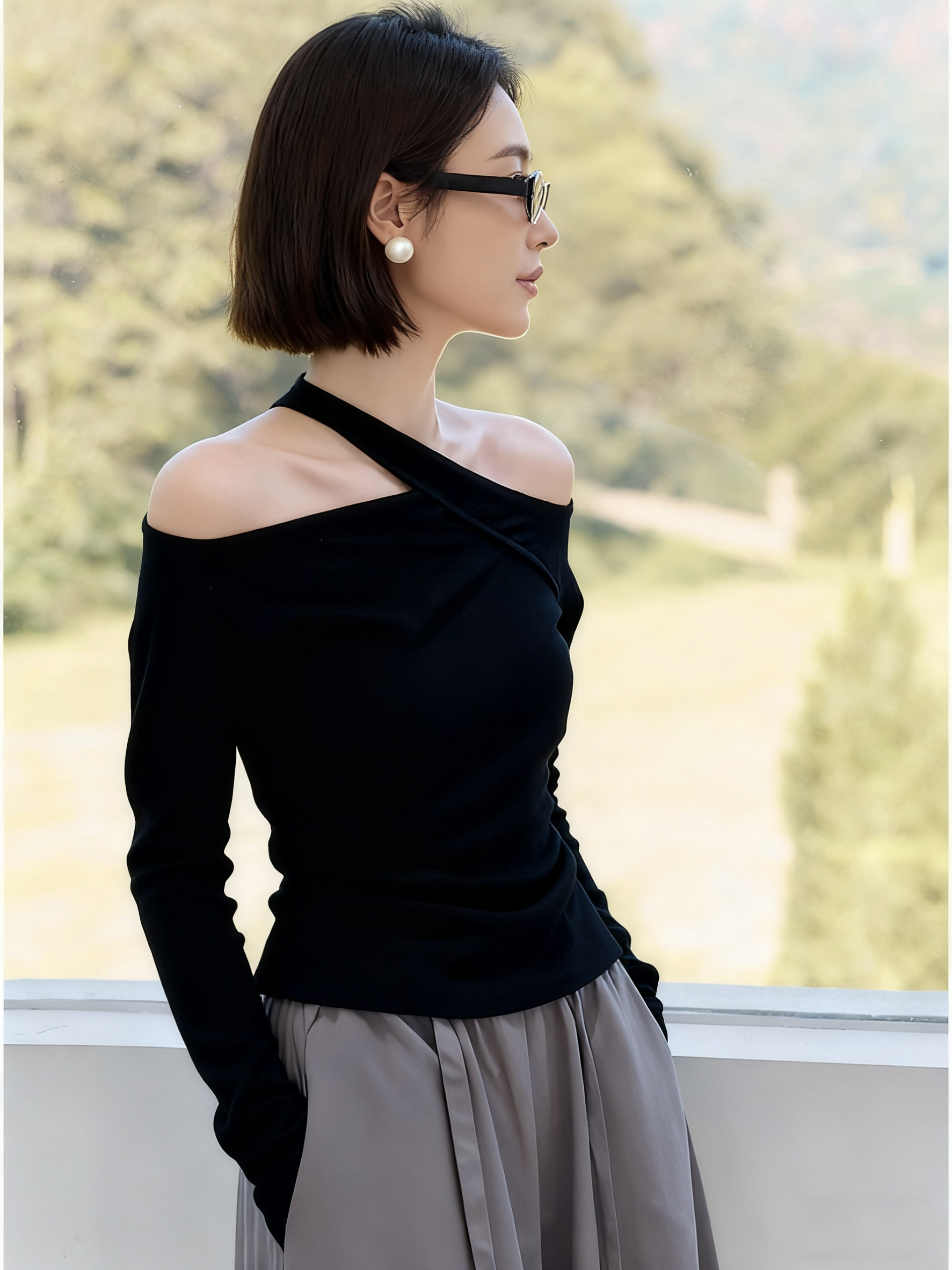 2026新款早秋黑色女款T恤纯色百搭斜肩露肩修身长袖显瘦上衣