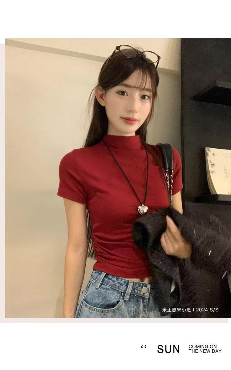 秋款安可拉红上衣酒红色穿搭半高领独特漂亮小上衣T恤女