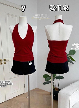 辣妹风露背挂脖上衣女夏季V领红色气质简约背心