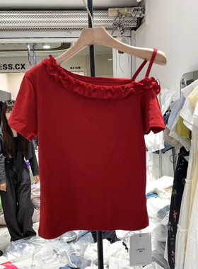 2025新款爆款炸街独特漂亮上衣设计感小众红色木耳边斜肩t恤女夏