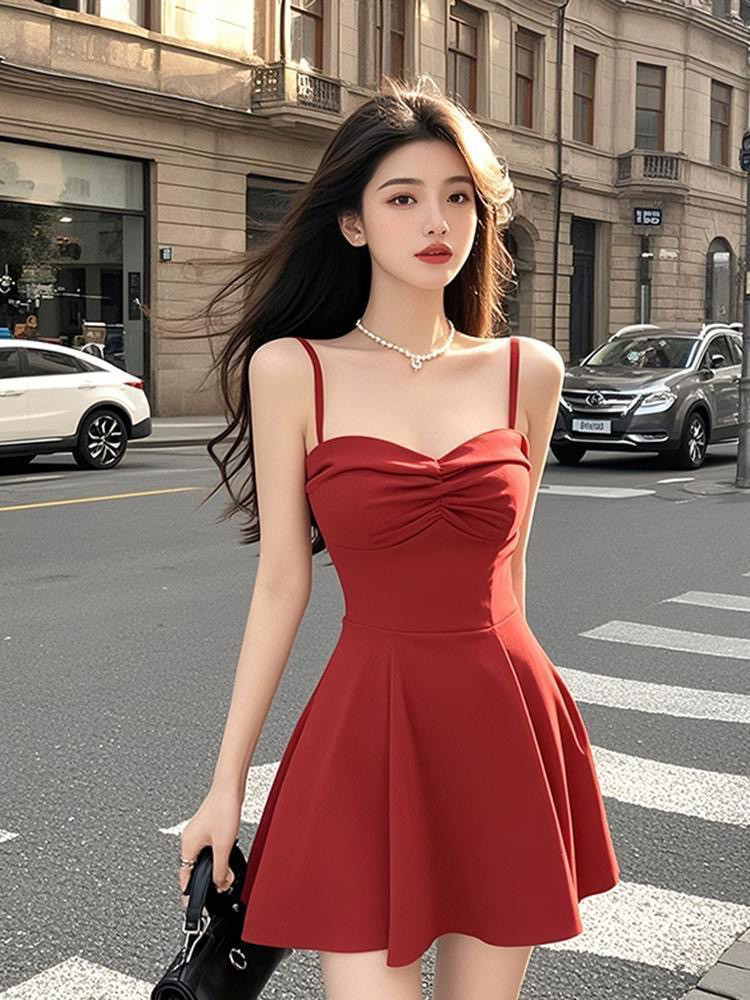 2025夏季新款韩风chic法式小众气质女神范海边度假红色吊带连衣裙