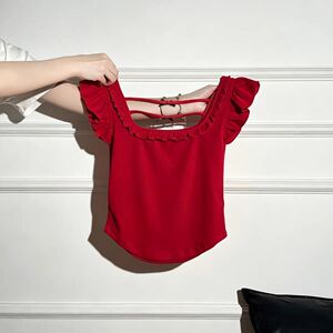 芭蕾风bm小飞袖红色短袖T恤女夏季miu系蝴蝶结纯欲辣妹小上衣
