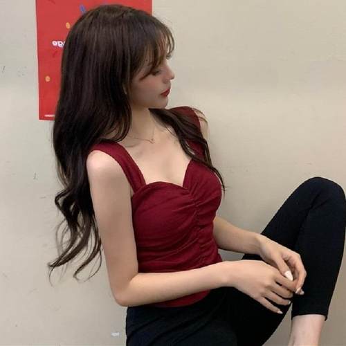 辣妹大码女装夏季新款短款褶皱吊带背心胖mm显瘦无袖内搭外穿上衣