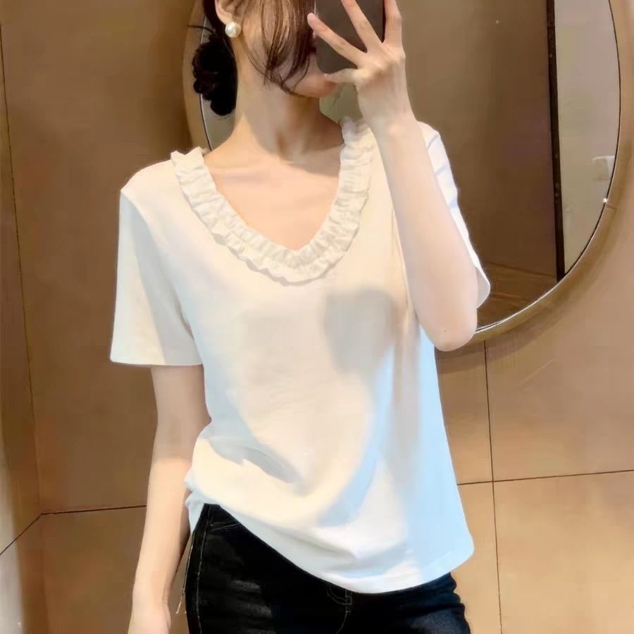 韩系复古纯色V领百搭短袖T恤女装2026夏季新款修身显瘦上衣女