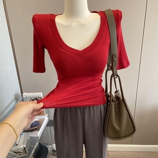 紧身打底衫 自留多色 T恤女五分袖 垫肩V领中袖 内搭气质上衣 基础款