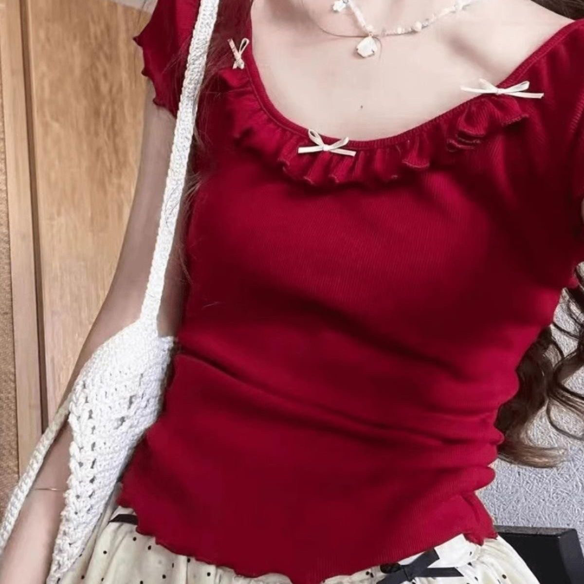 纯欲风设计感木耳边蝴蝶结短袖T恤女装夏日甜辣妹修身气质上衣女