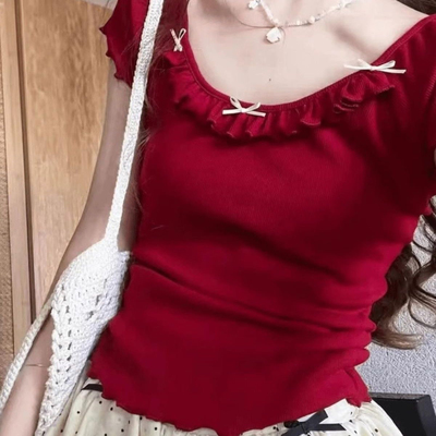 纯欲风设计感木耳边蝴蝶结短袖T恤女装夏日甜辣妹修身气质上衣女