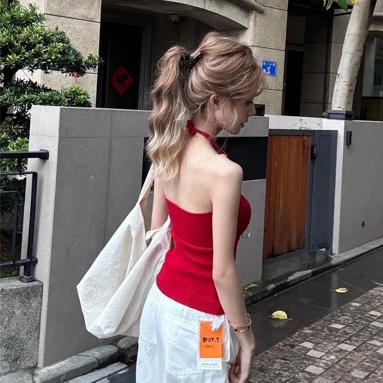 性感美吊带绑带背心夏季修身辣妹外穿设计露背红色气质上衣