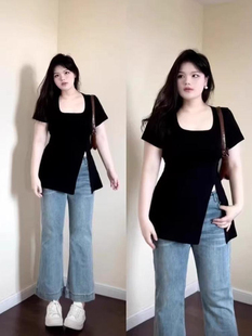 微胖正肩方领短袖T恤女夏季设计感开叉体恤大码胖MM遮肉显瘦上衣