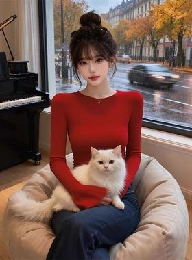 辣妹红色圆领T恤内搭打底衫女装2025春季设计感紧身纯欲上衣