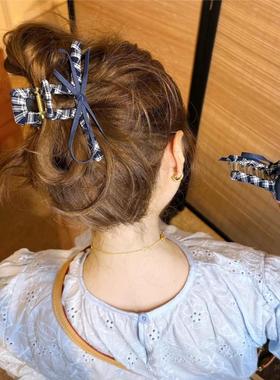 韩国BORA│灰色爱心蝴蝶结发夹布艺格子抓夹高级感后脑勺鲨鱼夹