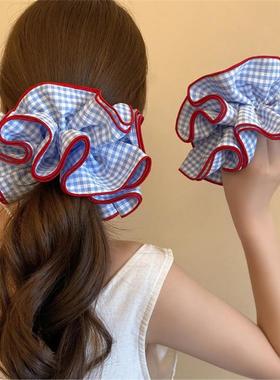 韩国BORA│复古蓝色格子大肠发圈女重工头绳扎头发超大发饰丸子头