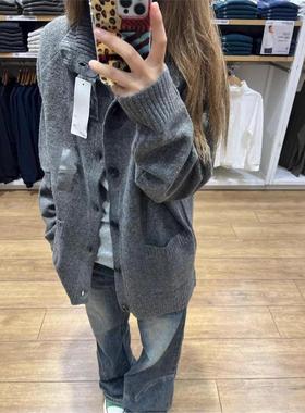 韩国BORA│灰色简约针织毛衣外套女秋冬高级感气质慵懒风开衫上衣