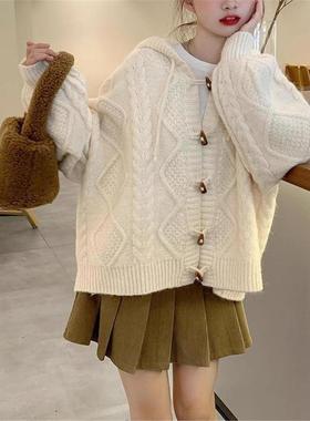 韩国BORA│2026春秋新款慵懒软糯针织开衫温柔蓝色连帽毛衣外套女