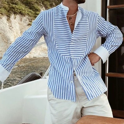 Men's Hawaiian Patchwork Striped Long Sleeve Shirt Casual