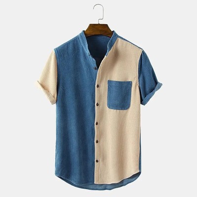 Mens Shirts Summer Stand Collar Patchwork T Shirt Button衬衫