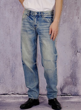 FAF原创美式复古重磅赤耳丹宁浅蓝色水洗小直简牛仔裤男