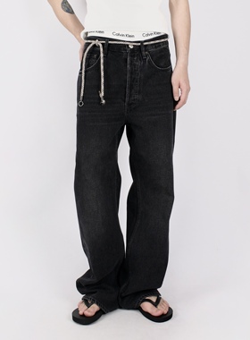 FAF原创美式复古黑色宽松直筒牛仔裤男vintage微喇长裤子潮