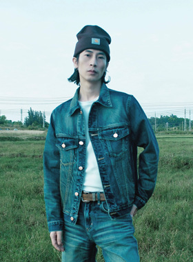 FAF原创日系蓝色洗水马骝做旧翻领宽松牛仔夹克男重磅丹宁外套