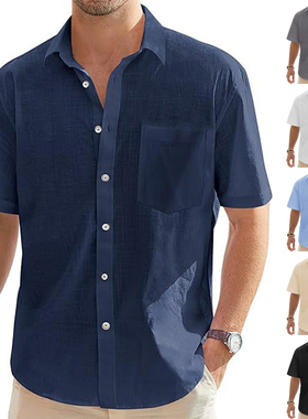 2024 Summer Men Cotton Linen Short Sleeve Tops Casual Shirt
