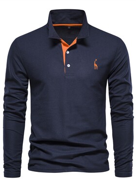 Deer Embroidery Men's Polo Shirts Solid Color Long Sleeves