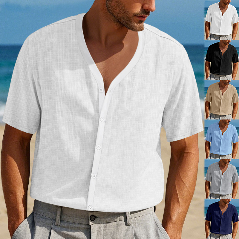 Summer Textured Linen-Like Men T-Shirt Loose Fit Casual Top